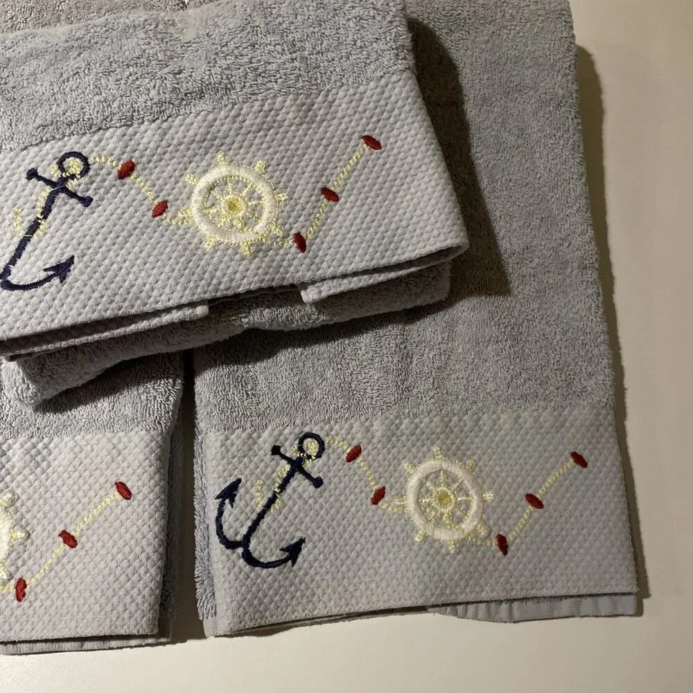 VTG Akova Nautical Hand Towels Blue 100% Cotton Embroidered Anchor Set Of 3